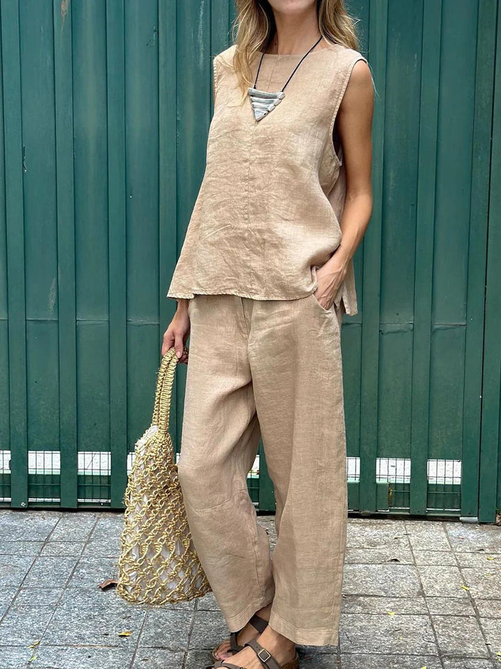 Sheila™ -Casual Solid Color Sleeveless Vest & Pants, Cotton-Linen Two Piece Set