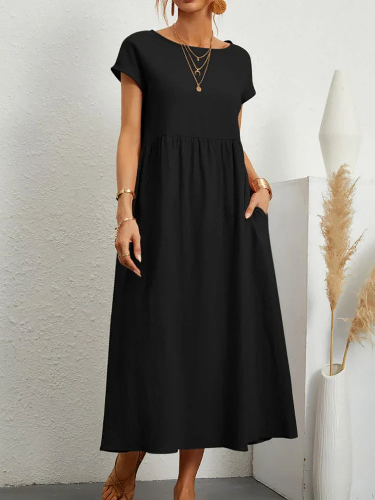 Janet™ - Elegant Vintage Harajuku Cotton Linen Maxi Dress med lommer