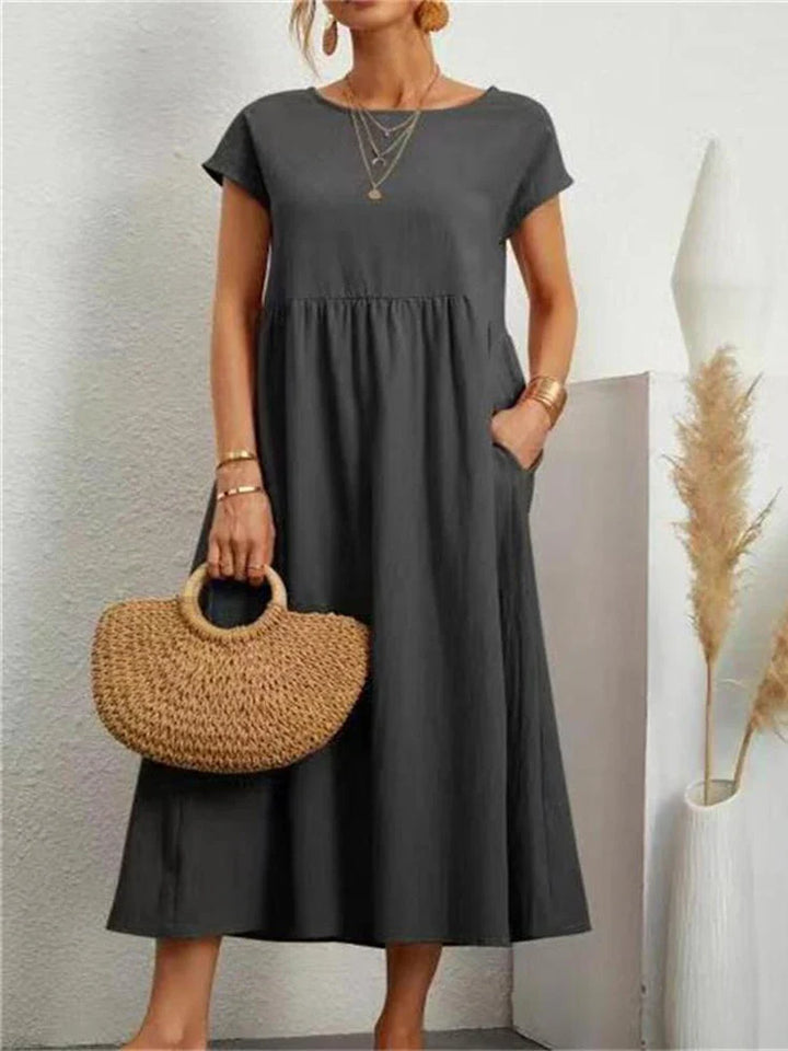 Janet™ - Elegant Vintage Harajuku Cotton Linen Maxi Dress med lommer