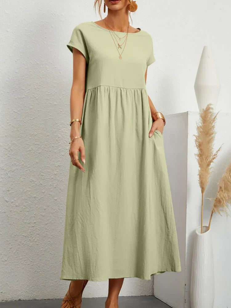 Janet™ - Elegant Vintage Harajuku Cotton Linen Maxi Dress med lommer